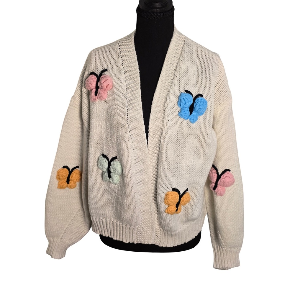 Luna Ivy Cream Butterfly 3D Applique Chunky Knit Cardigan Whimsy Fairy Small